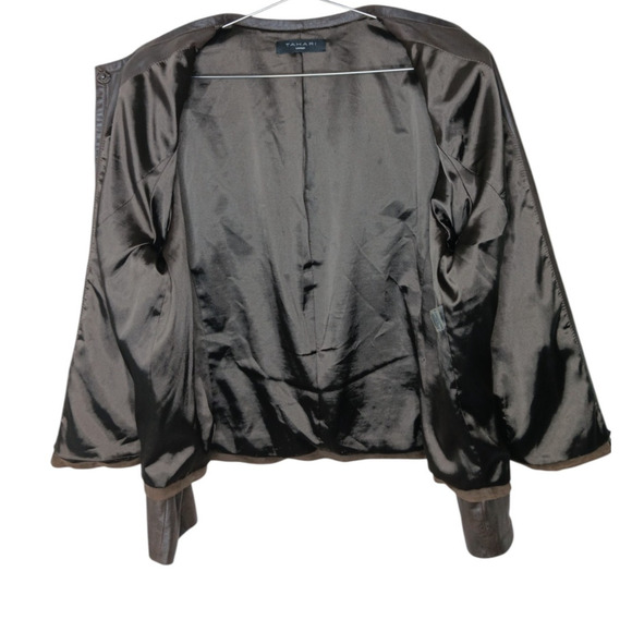Tahari Woman 100% Leather Jacket Brown Suede Trim Open Front Pockets Boho Chic L - Picture 3 of 16